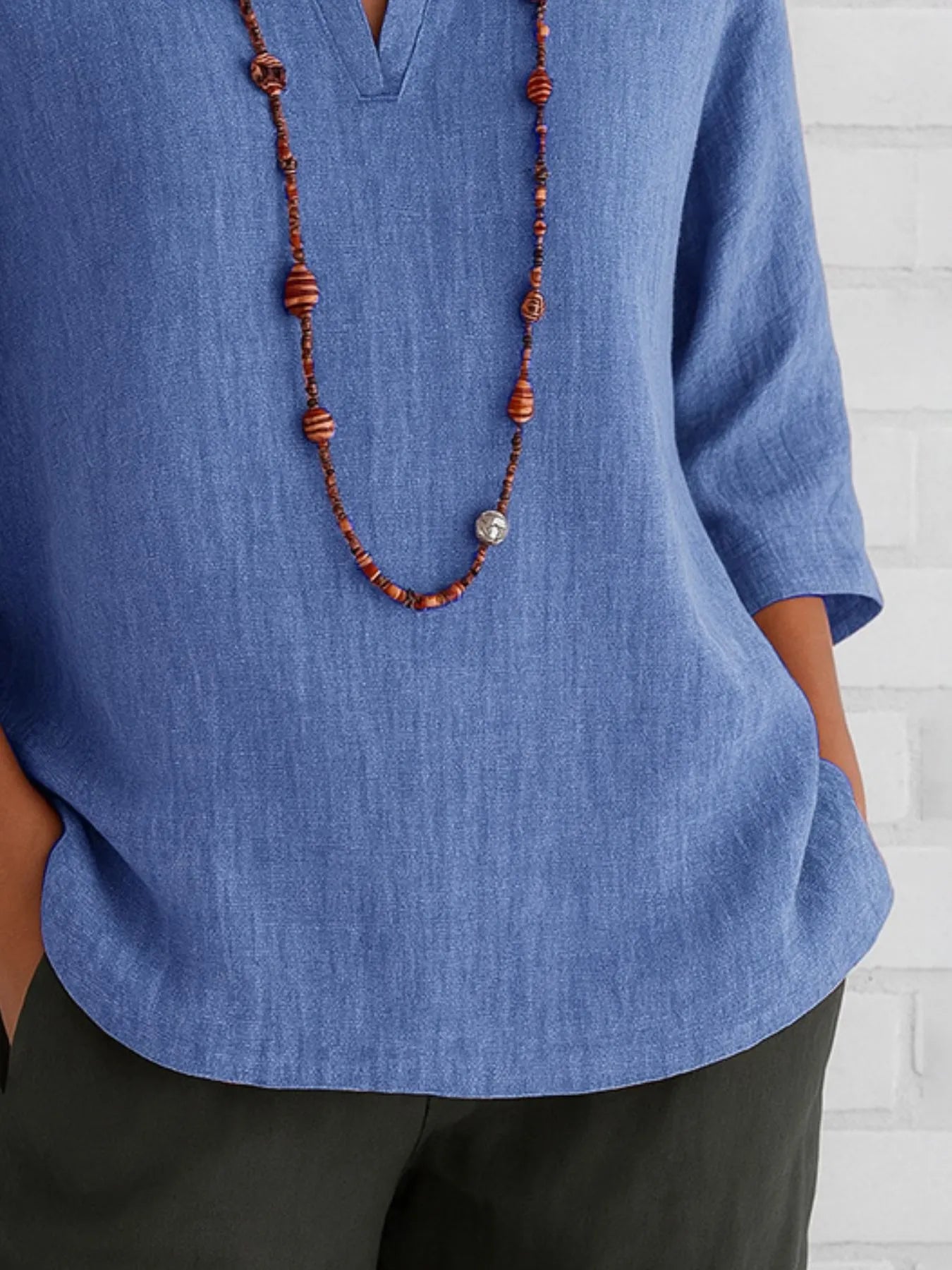 Full Size Notched Three-Quarter Sleeves Blouse Plus Size OutfitFlow