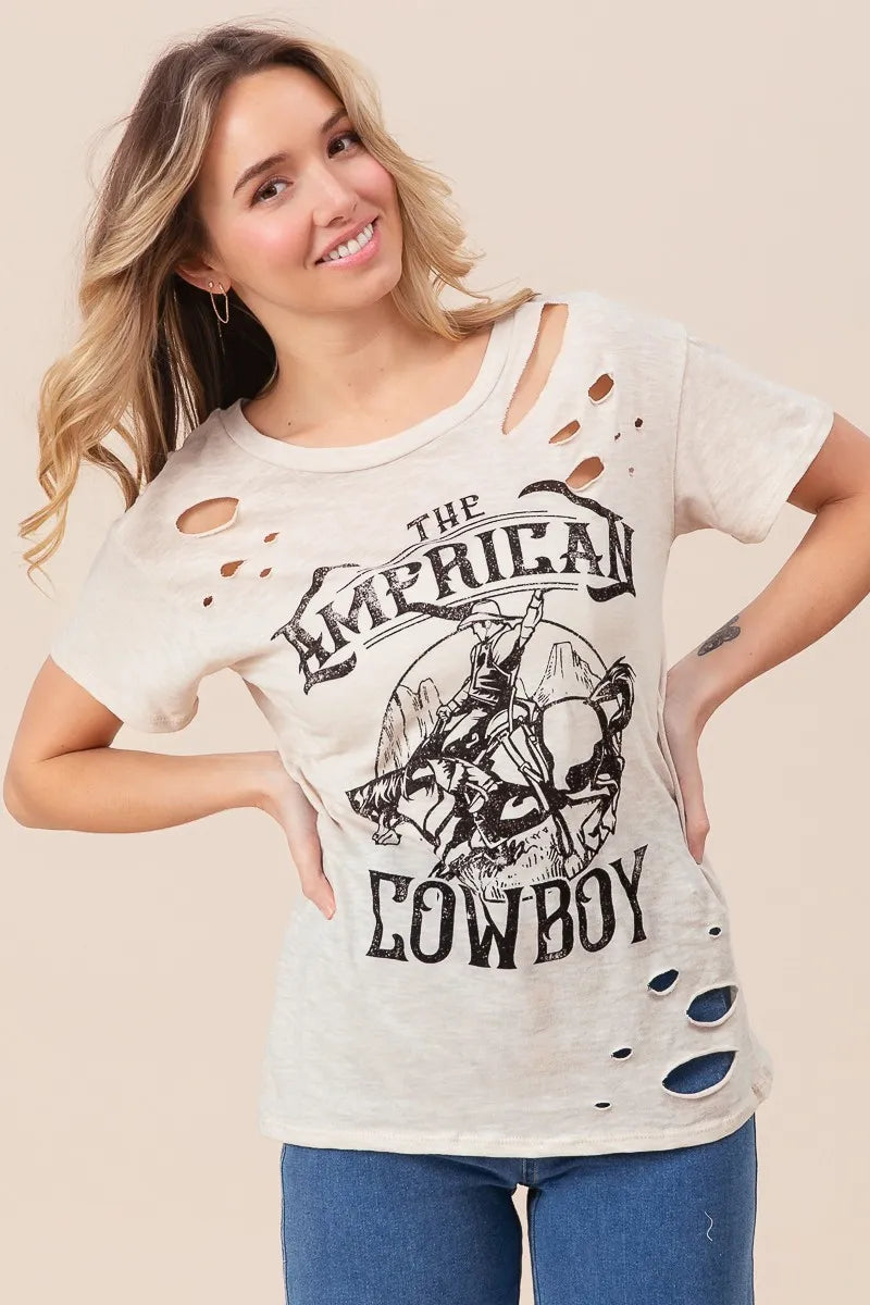 BiBi Cotton Slub Laser Top American Cow Boy Graphic OutfitFlow