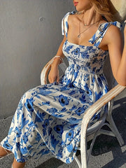 Floral Smocked Midi Dress with Tie Shoulders OutfitFlow