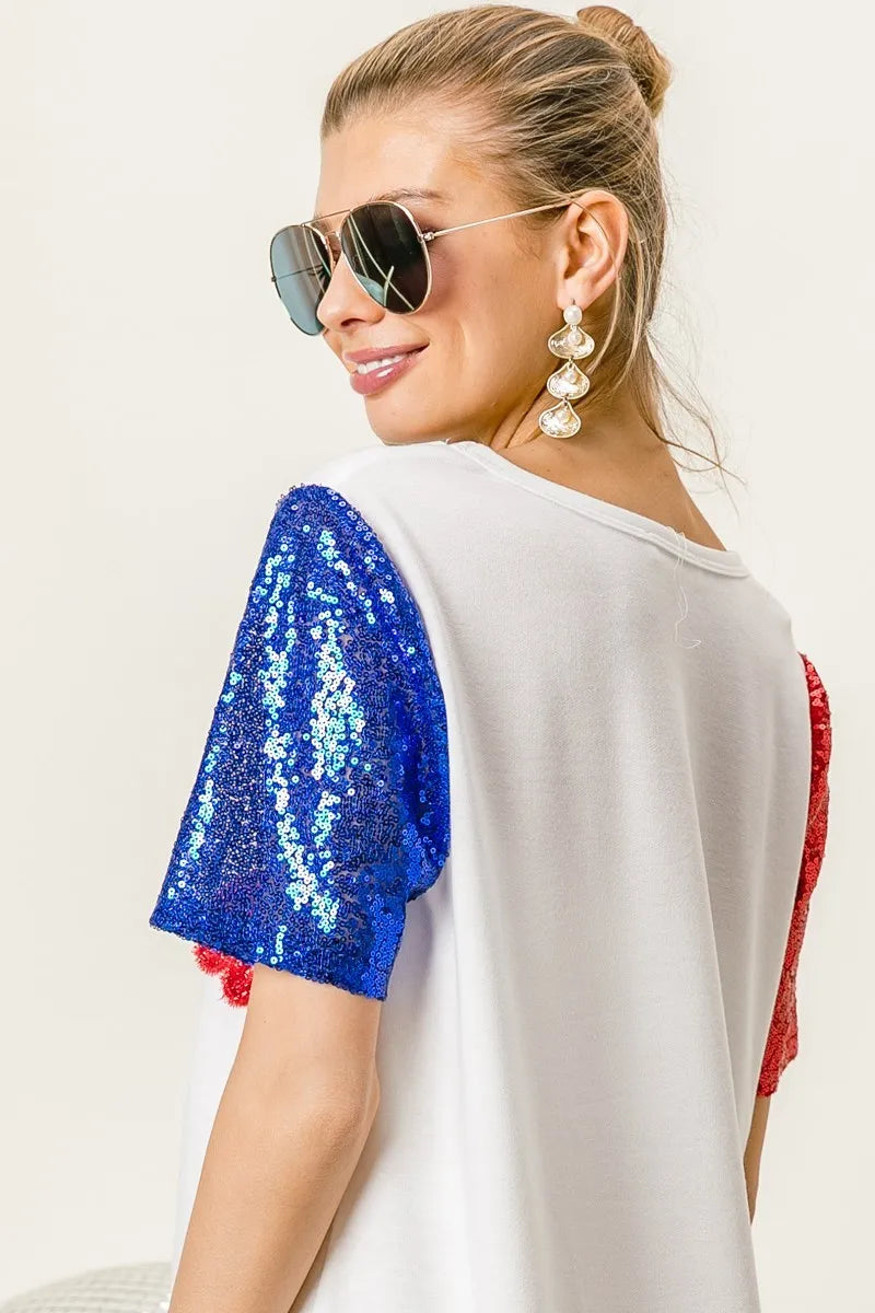 BiBi Metallic Letter V-neck Sequin Sleeves Top OutfitFlow