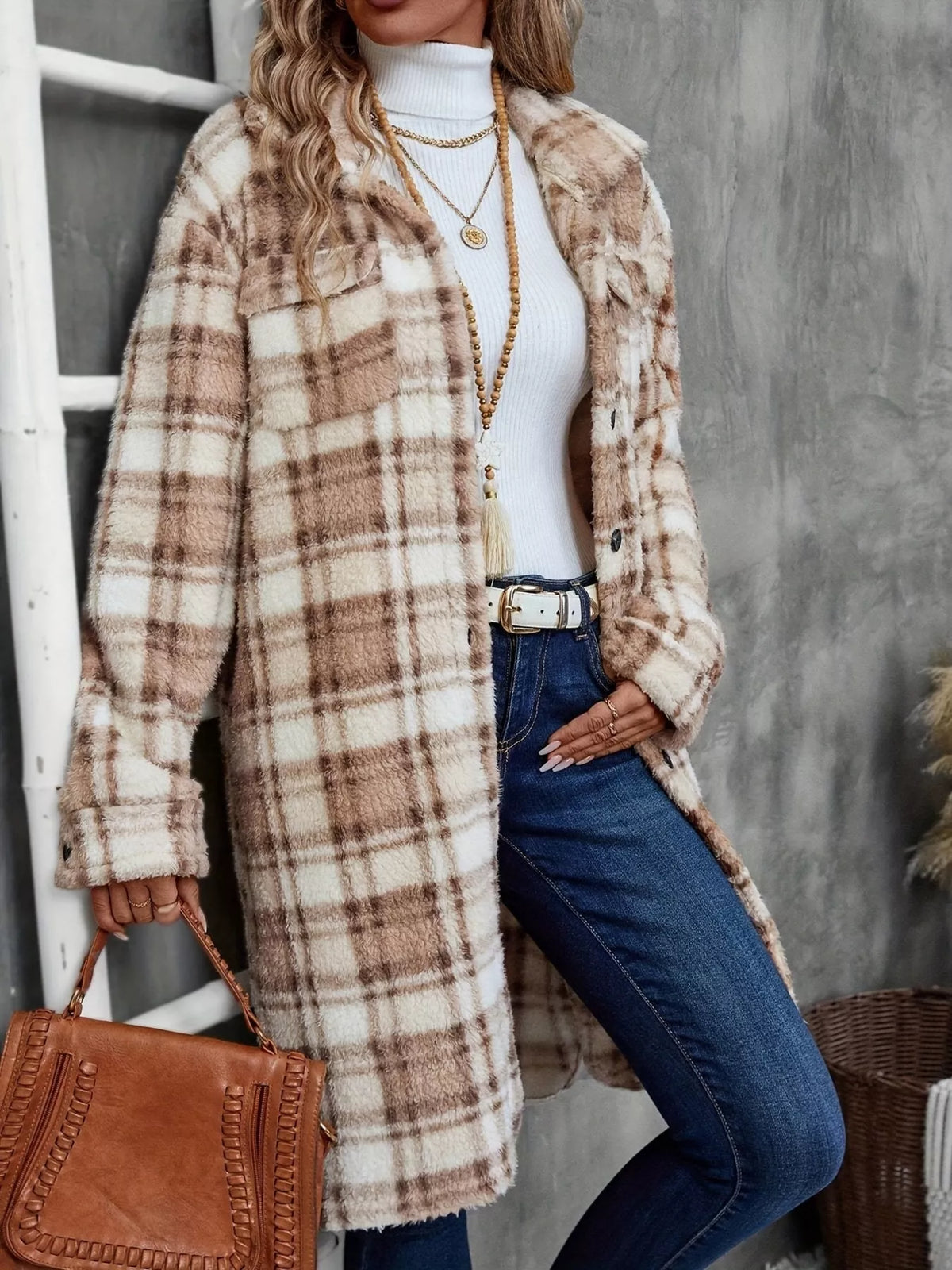 Plaid Fleece Button Up Longline Outerwear Camel OutfitFlow