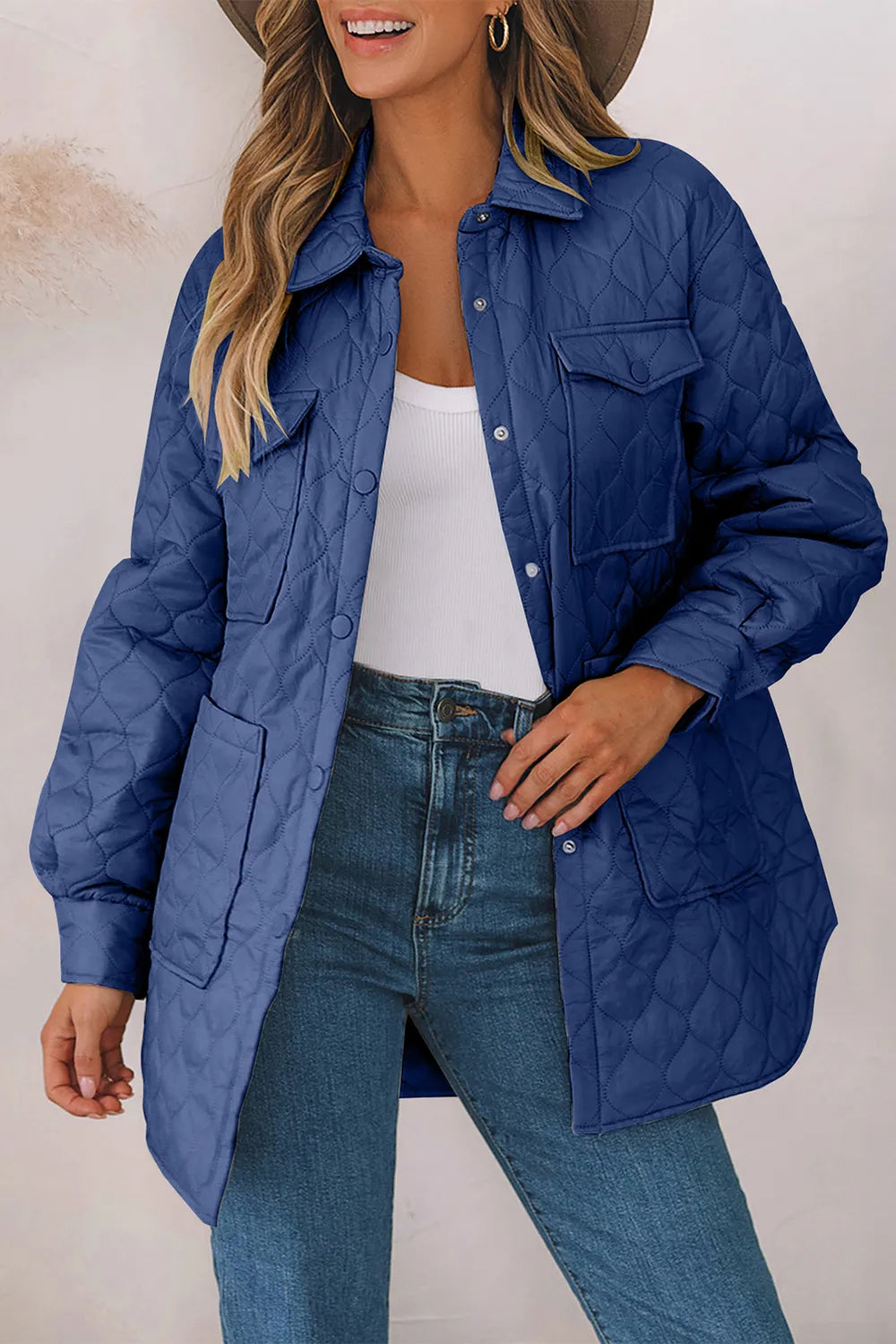 Snap Down Collared Winter Coat French Blue OutfitFlow