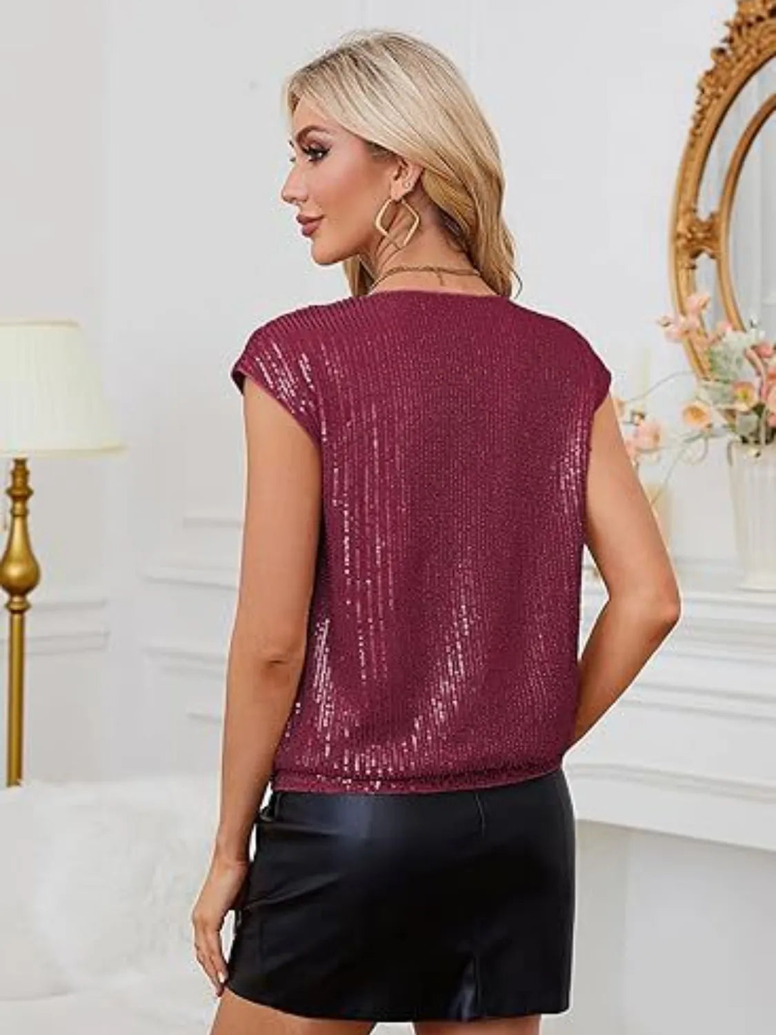 V-Neck Sequin Cap Sleeve Top OutfitFlow