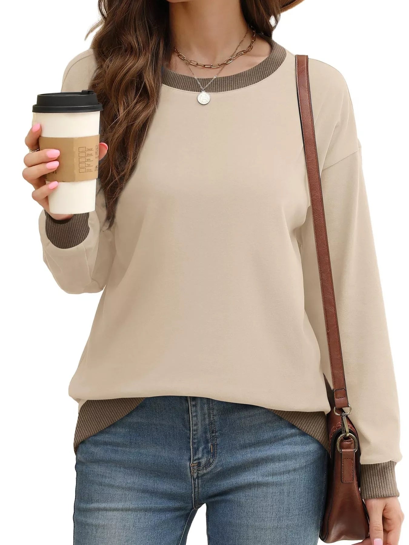 Contrast Trim Crew Neck Casual Sweatshirt OutfitFlow