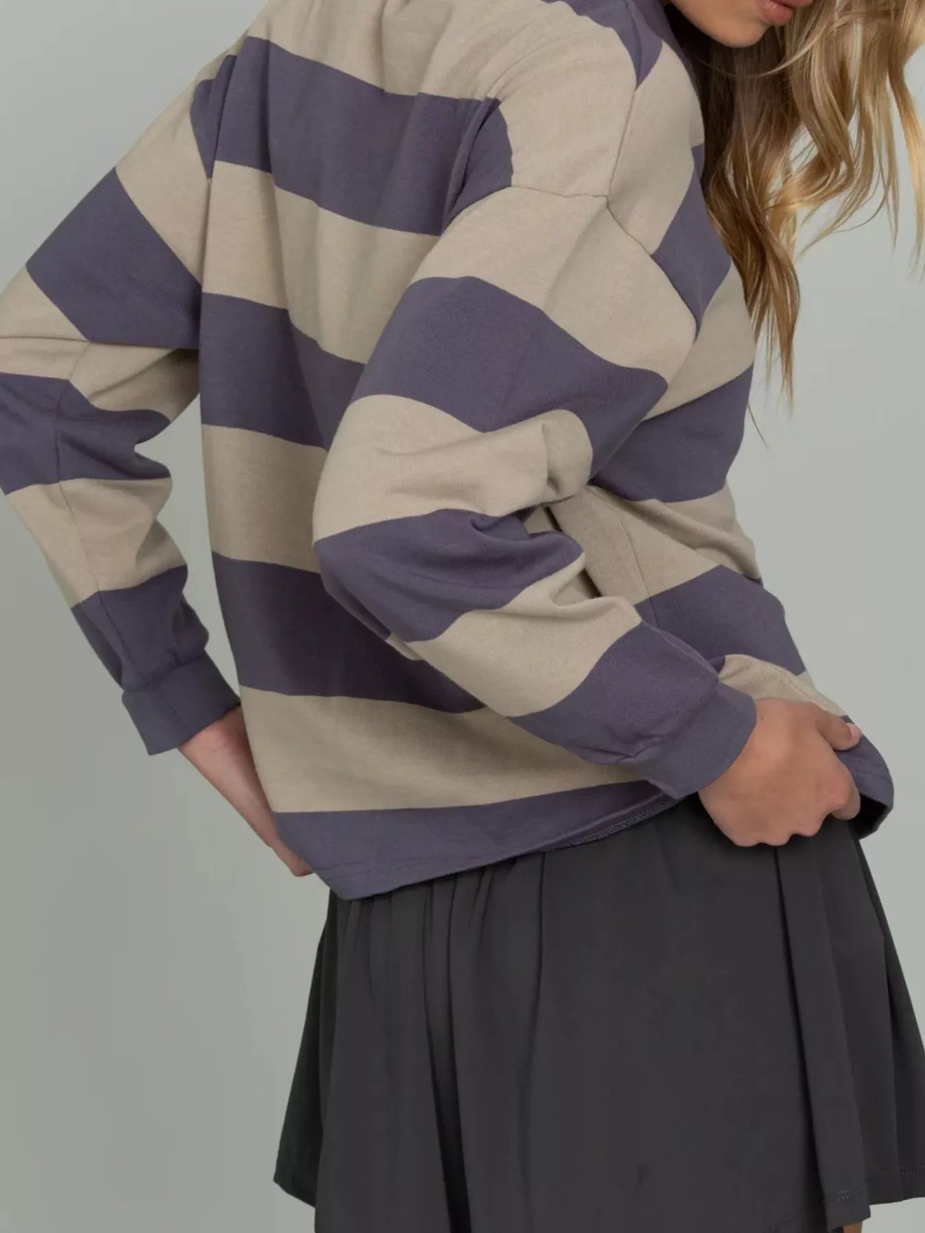 Striped Polo Collar Sweatshirt with Button Details OutfitFlow