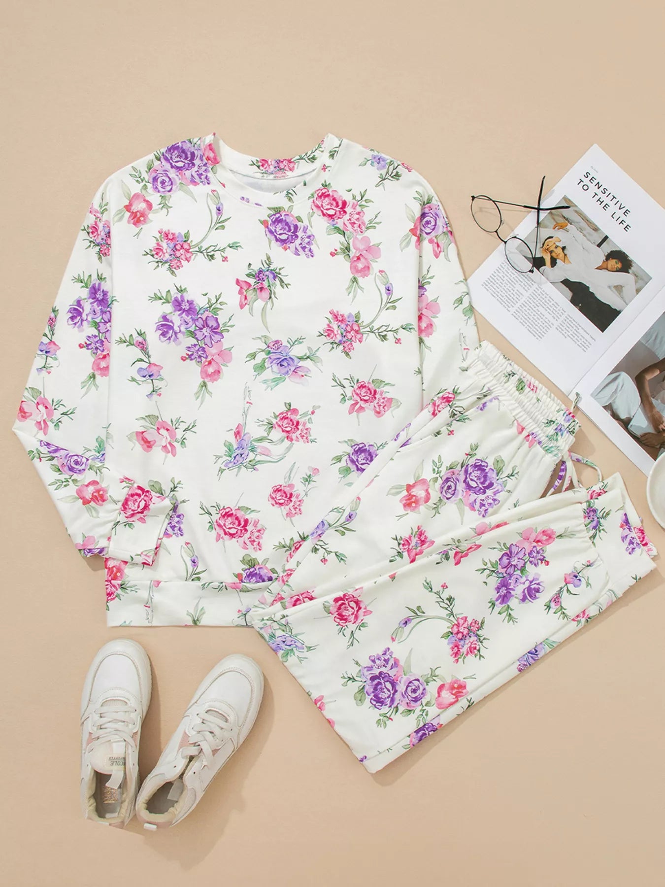 Floral Print Round Neck Top and Drawstring Pants Lounge Set OutfitFlow