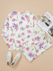 Floral Print Round Neck Top and Drawstring Pants Lounge Set OutfitFlow