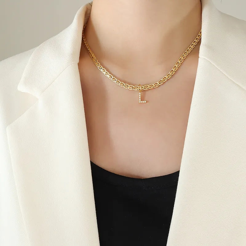 Brass Inlaid Zircon Letter Pendant Necklace Style L One Size OutfitFlow