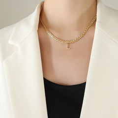 Brass Inlaid Zircon Letter Pendant Necklace Style L One Size OutfitFlow