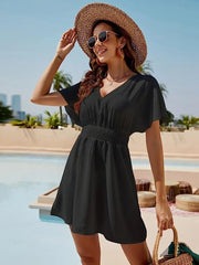 Smocked V-Neck Short Sleeve Dress Black OutfitFlow