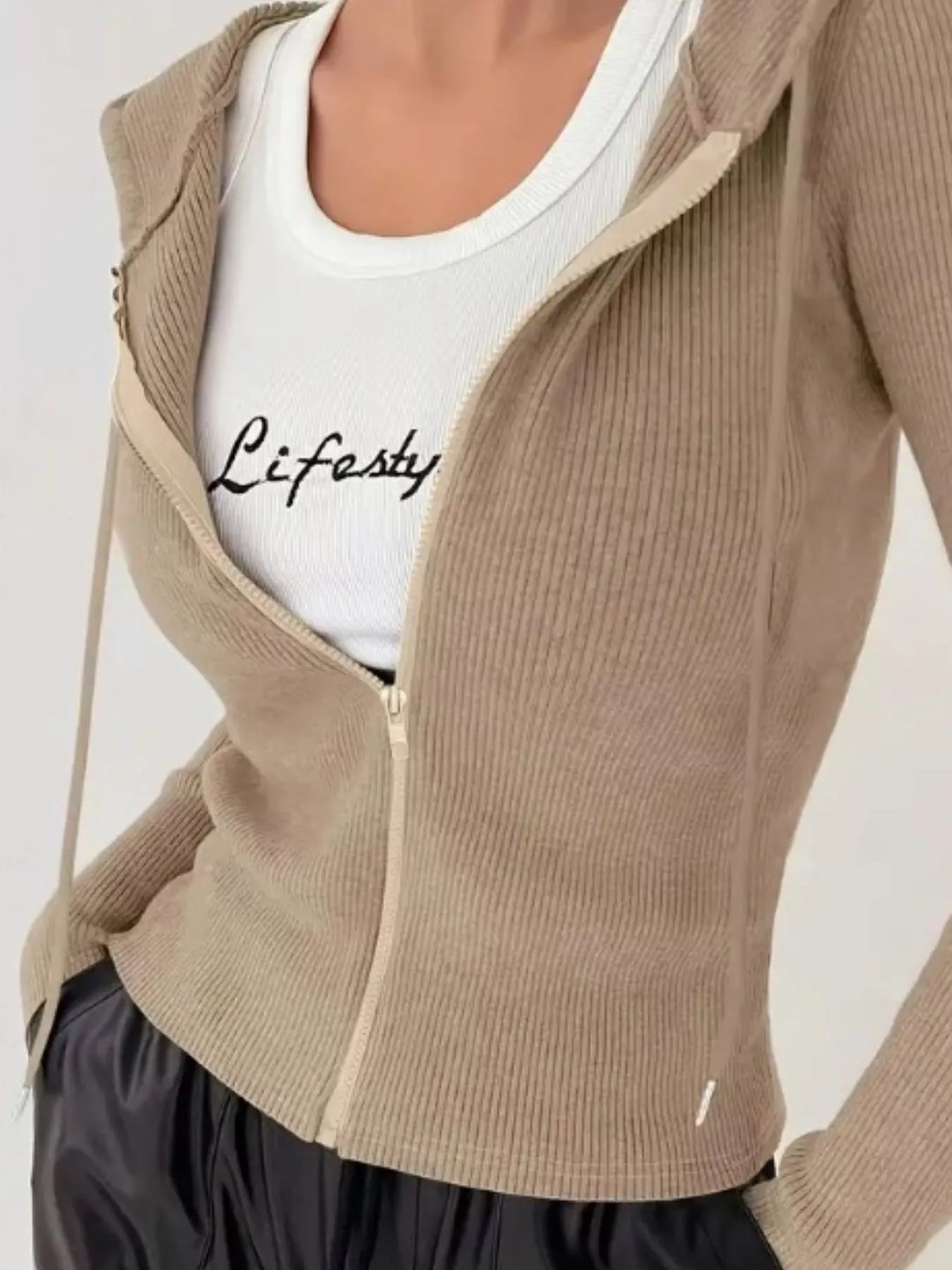 Ribbed Knit Zip-Up Hooded Cardigan OutfitFlow