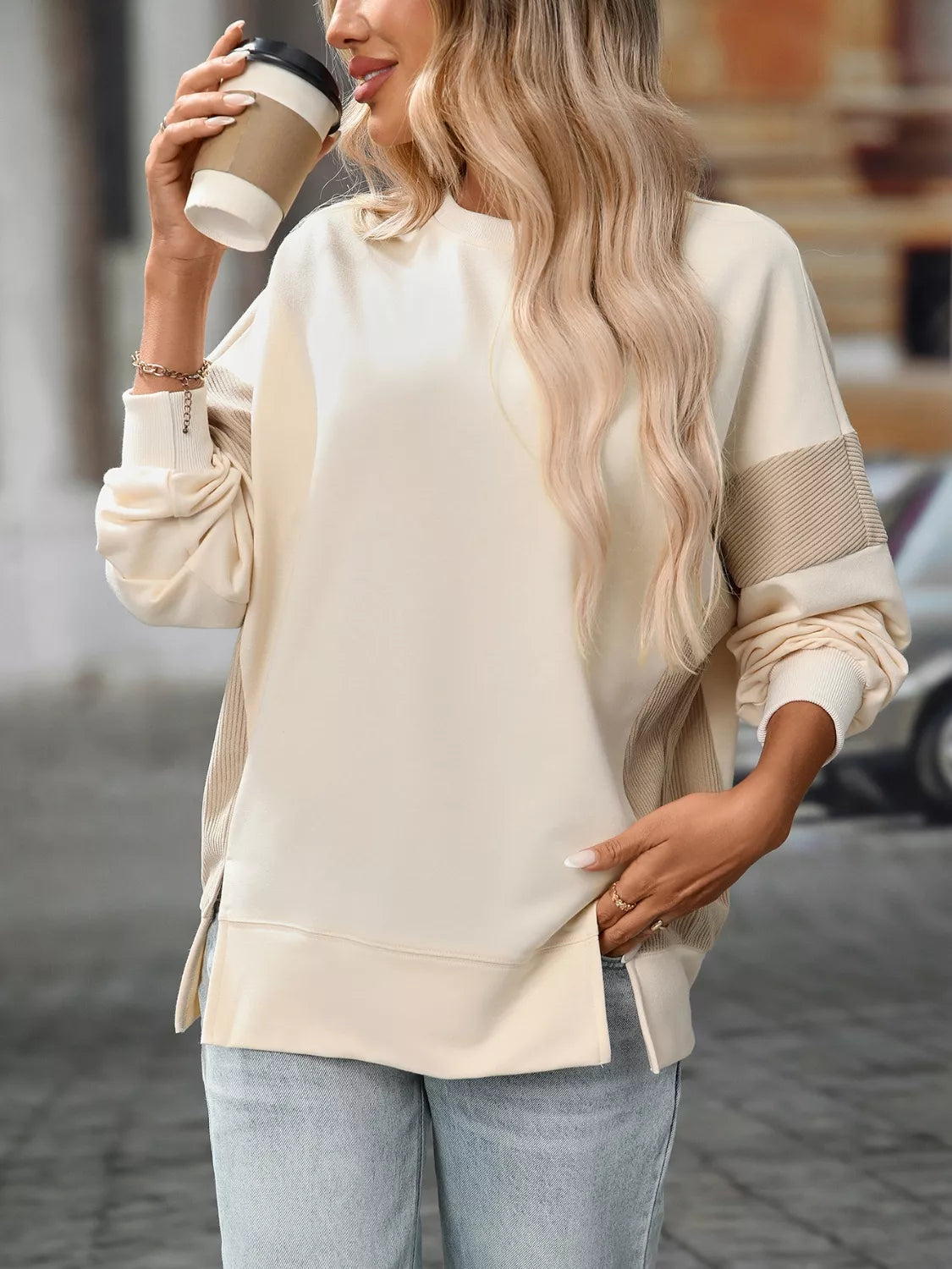 Side Slit Round Neck Sweatshirt OutfitFlow