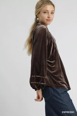 Umgee Velvet Long Sleeve Blouse with Contrast Trim OutfitFlow