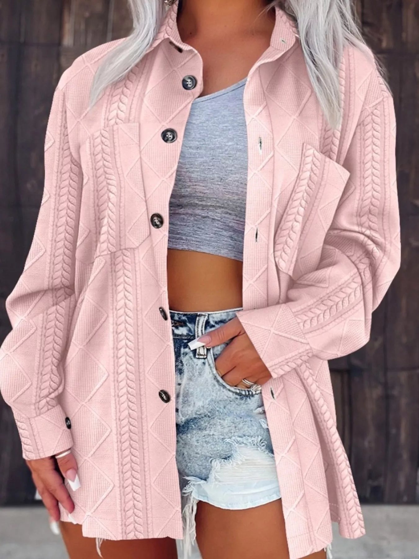 Button-Up Long Sleeve Oversized Jacket Pink Trendsi