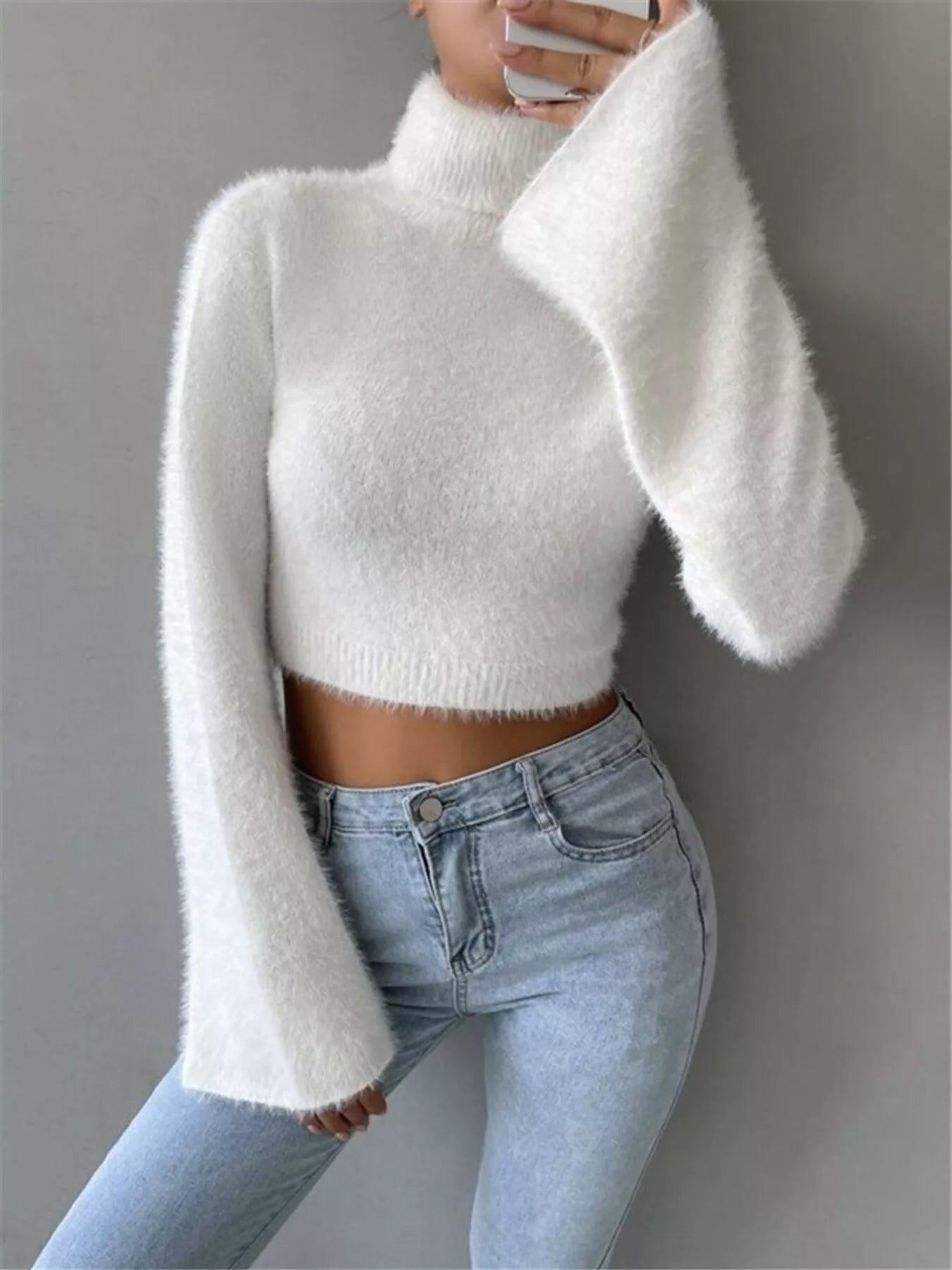Turtleneck Flare Sleeve Sweater OutfitFlow