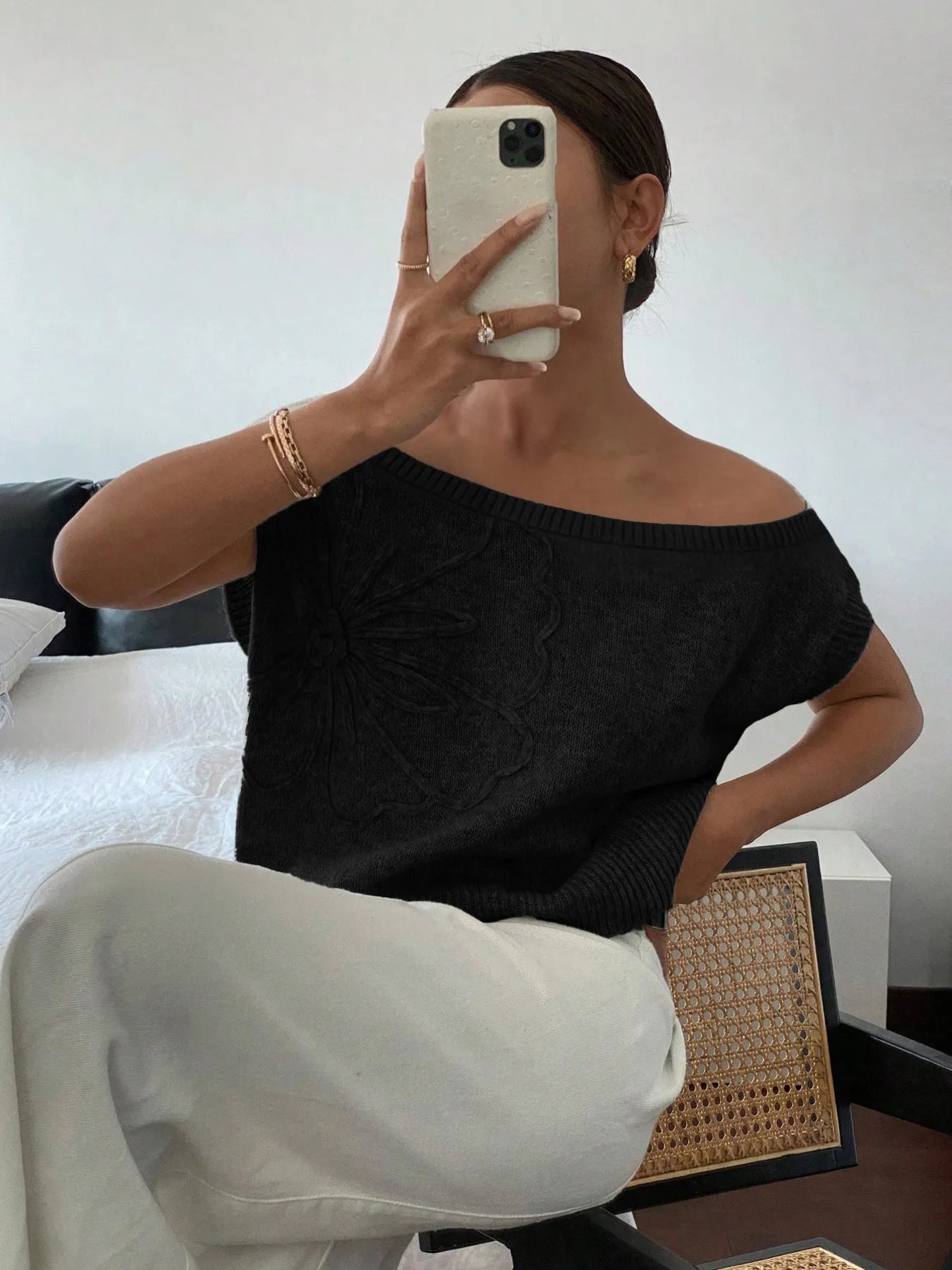 Ribbed Hem Boat Neck Sweater Black OutfitFlow