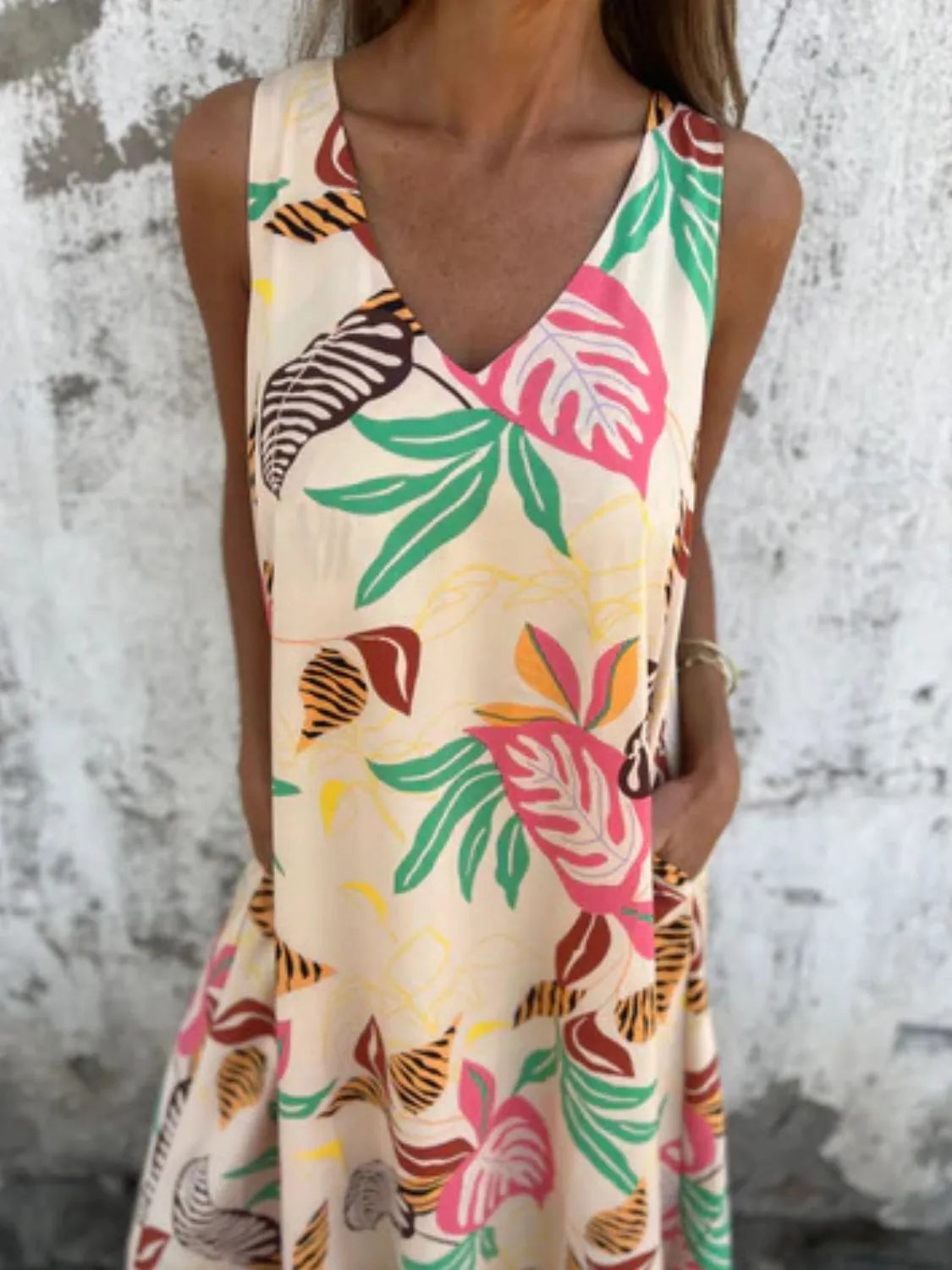 Full Size Printed V-Neck Sleeveless Dress Plus Size OutfitFlow