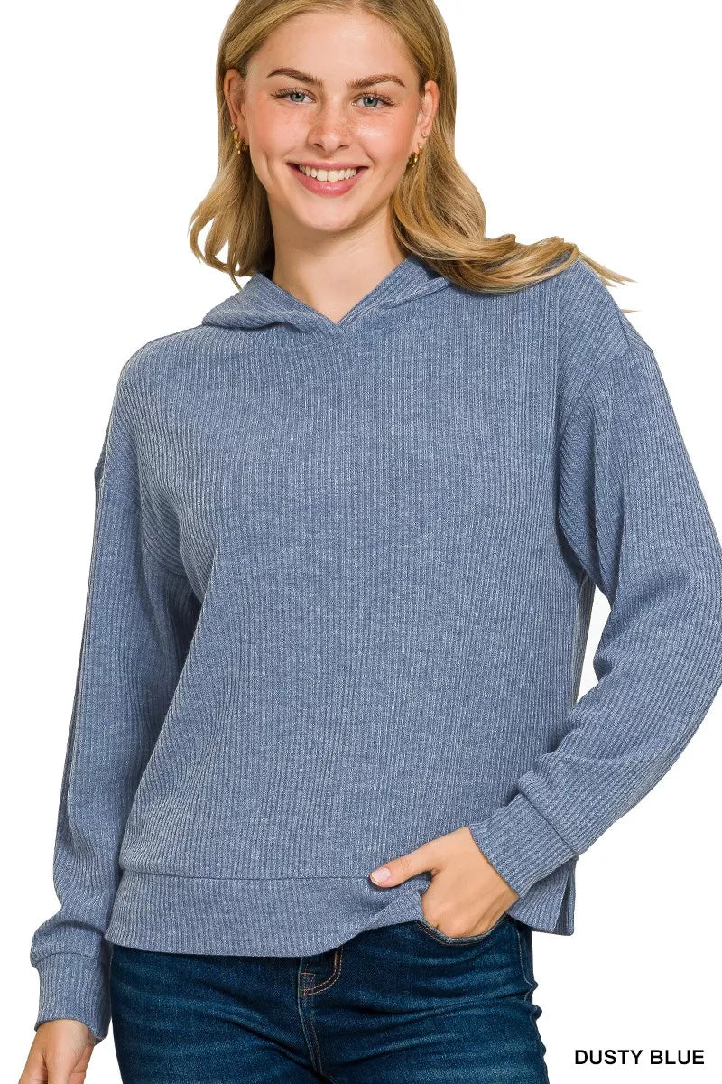 Zenana Ribbed Long Sleeve Hoodie DUSTY BLUE OutfitFlow