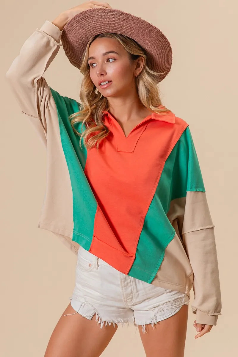 BiBi Colorblock Exposed Seam French Terry Sweatshirt OutfitFlow