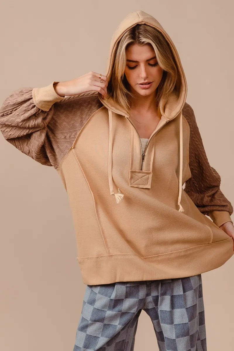 BiBi Half Zip French Terry Hoodie with Kint Sleeves OutfitFlow