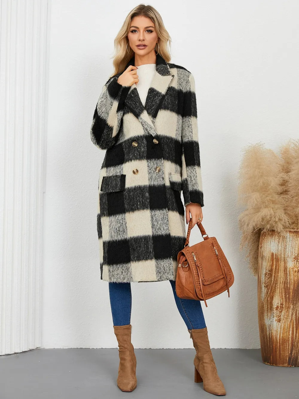 Plaid Double-Breasted Long Sleeve Coat Black Trendsi