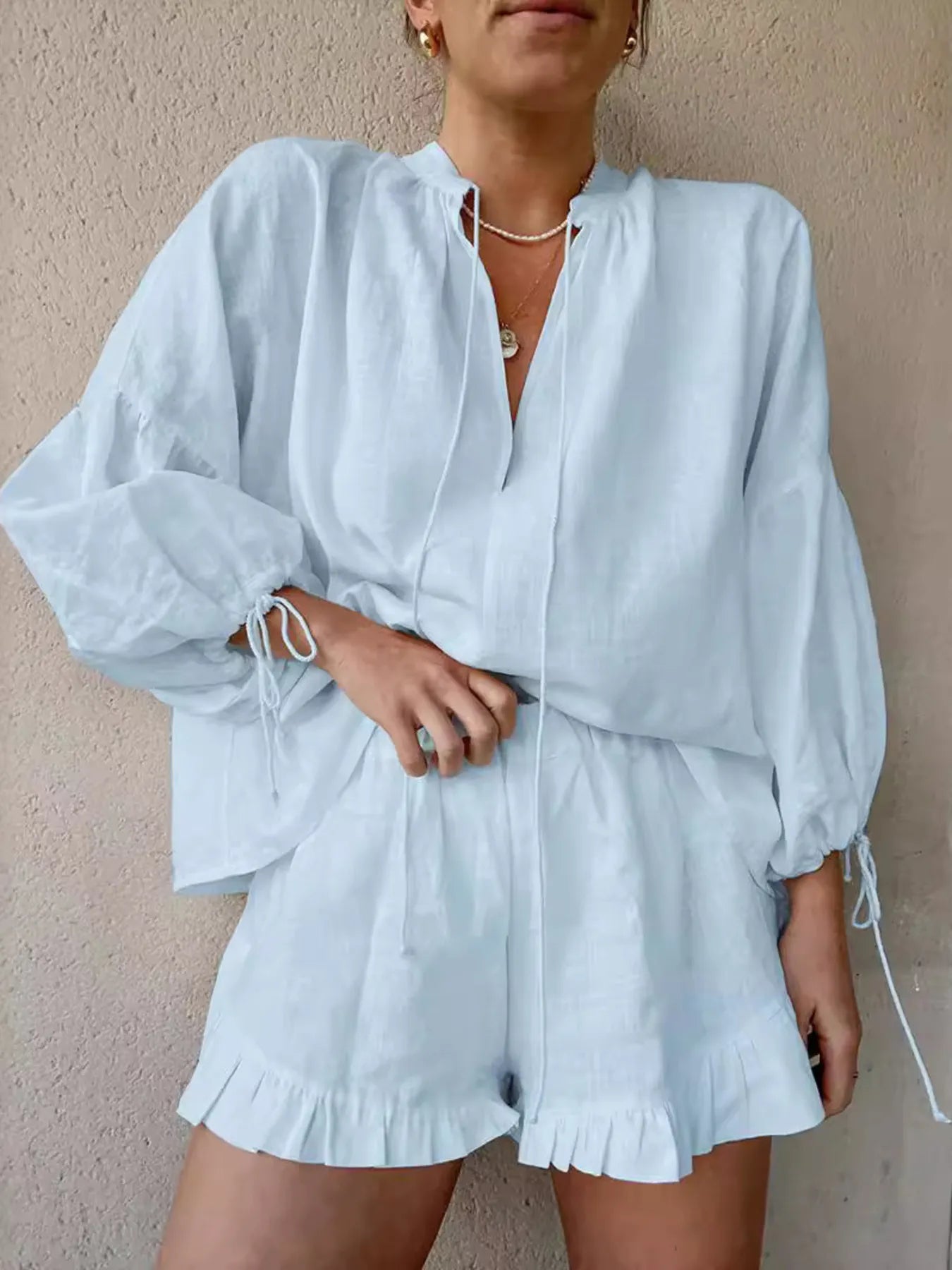Tie Neck Balloon Sleeve Blouse and Shorts Set OutfitFlow