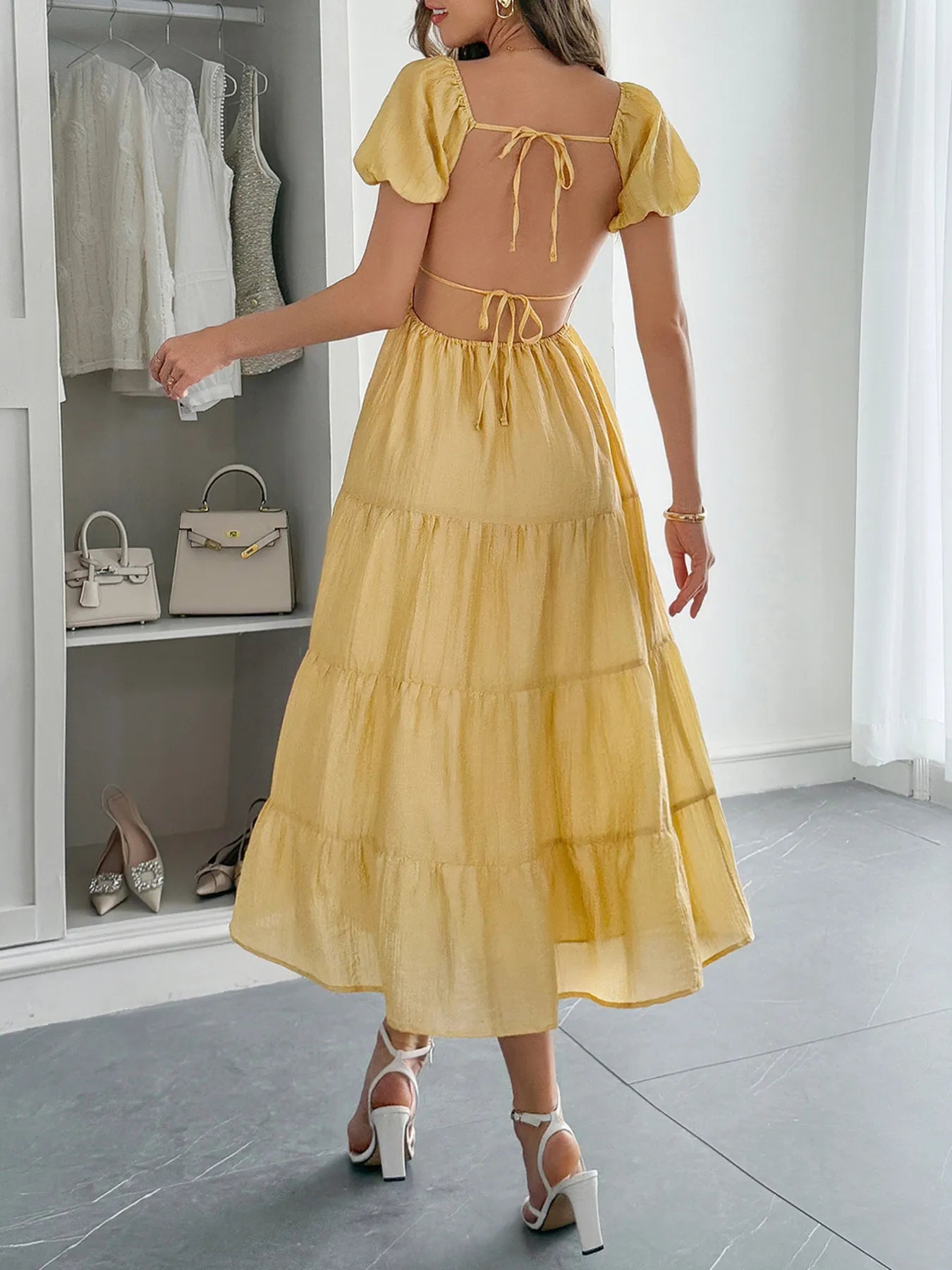 V-Neck Short Sleeve Midi Dress OutfitFlow