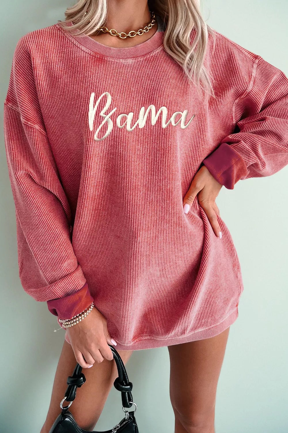 Corded Ribbed Bama Embroidered Letter Graphic Sweatshirt Dusty Pink Trendsi