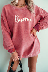 Corded Ribbed Bama Embroidered Letter Graphic Sweatshirt Dusty Pink Trendsi