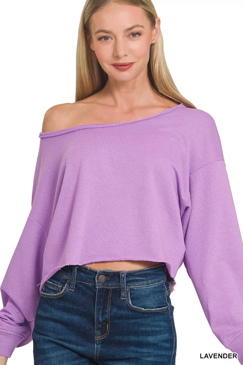 Zenana French Terry Boatneck Crop Top LAVENDER OutfitFlow