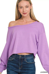 Zenana French Terry Boatneck Crop Top LAVENDER OutfitFlow