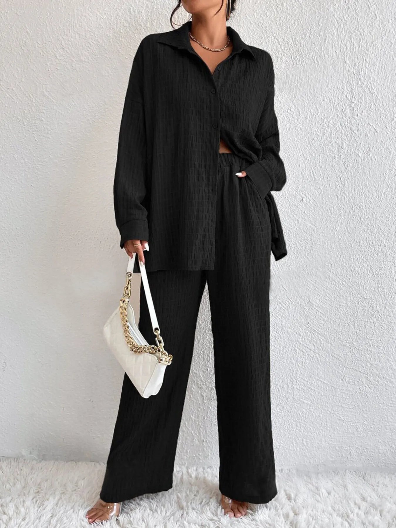 Button Up Long Sleeve Shirt and Pants Set OutfitFlow