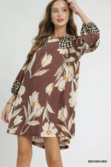 Umgee Floral High-Low Babydoll Dress BROWN MIX Trendsi
