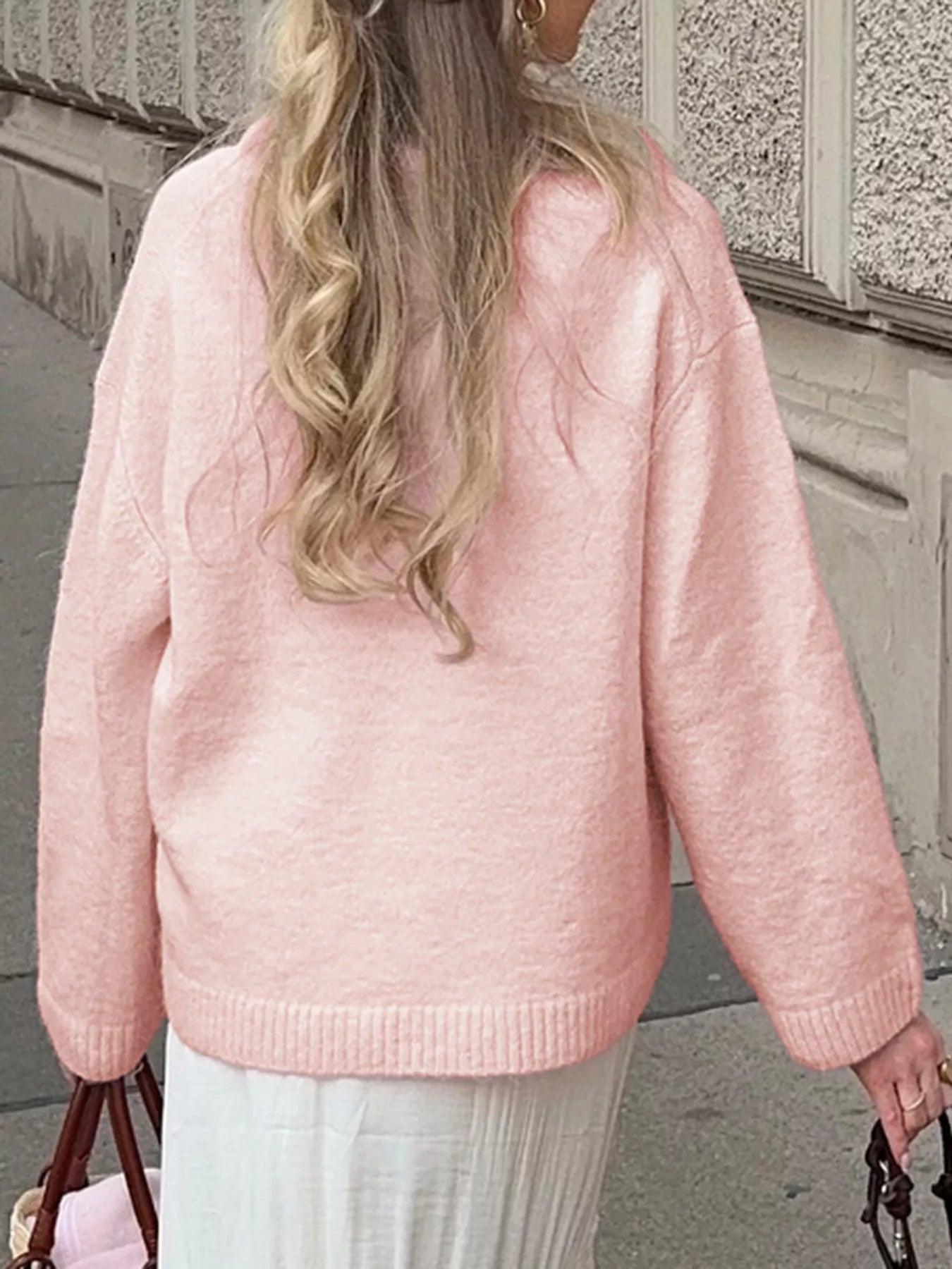 Ribbed Round Neck Dropped Shoulder Sweater OutfitFlow