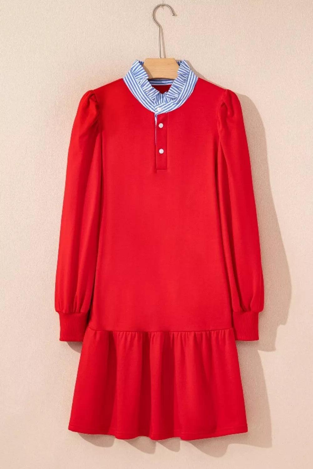 Contrast Striped Collar Patchwork Puff Sleeve Ruffle Hem Mini Dress OutfitFlow