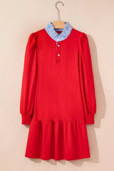 Contrast Striped Collar Patchwork Puff Sleeve Ruffle Hem Mini Dress OutfitFlow