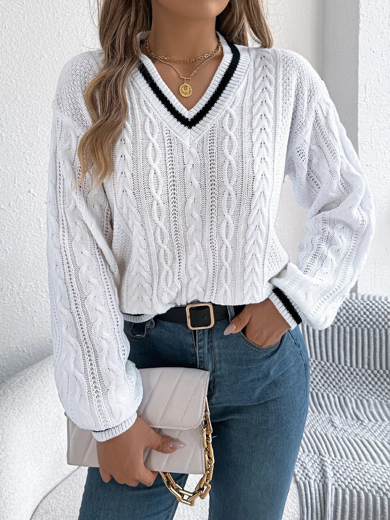 Cable Knit V-Neck Long Sleeve Sweater OutfitFlow