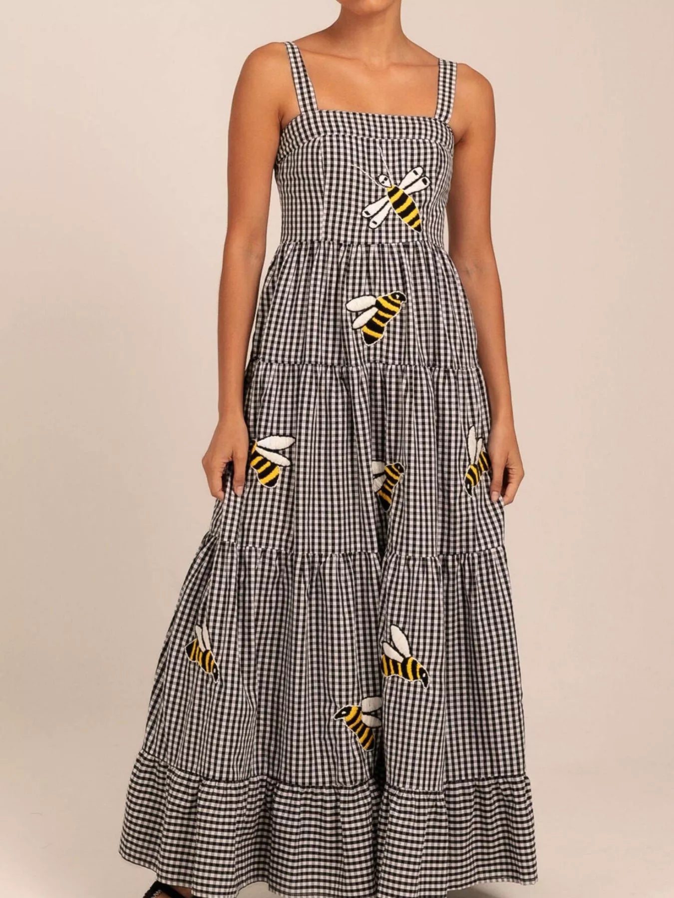 Embroidered Square Neck Tiered Maxi Cami Dress Black OutfitFlow