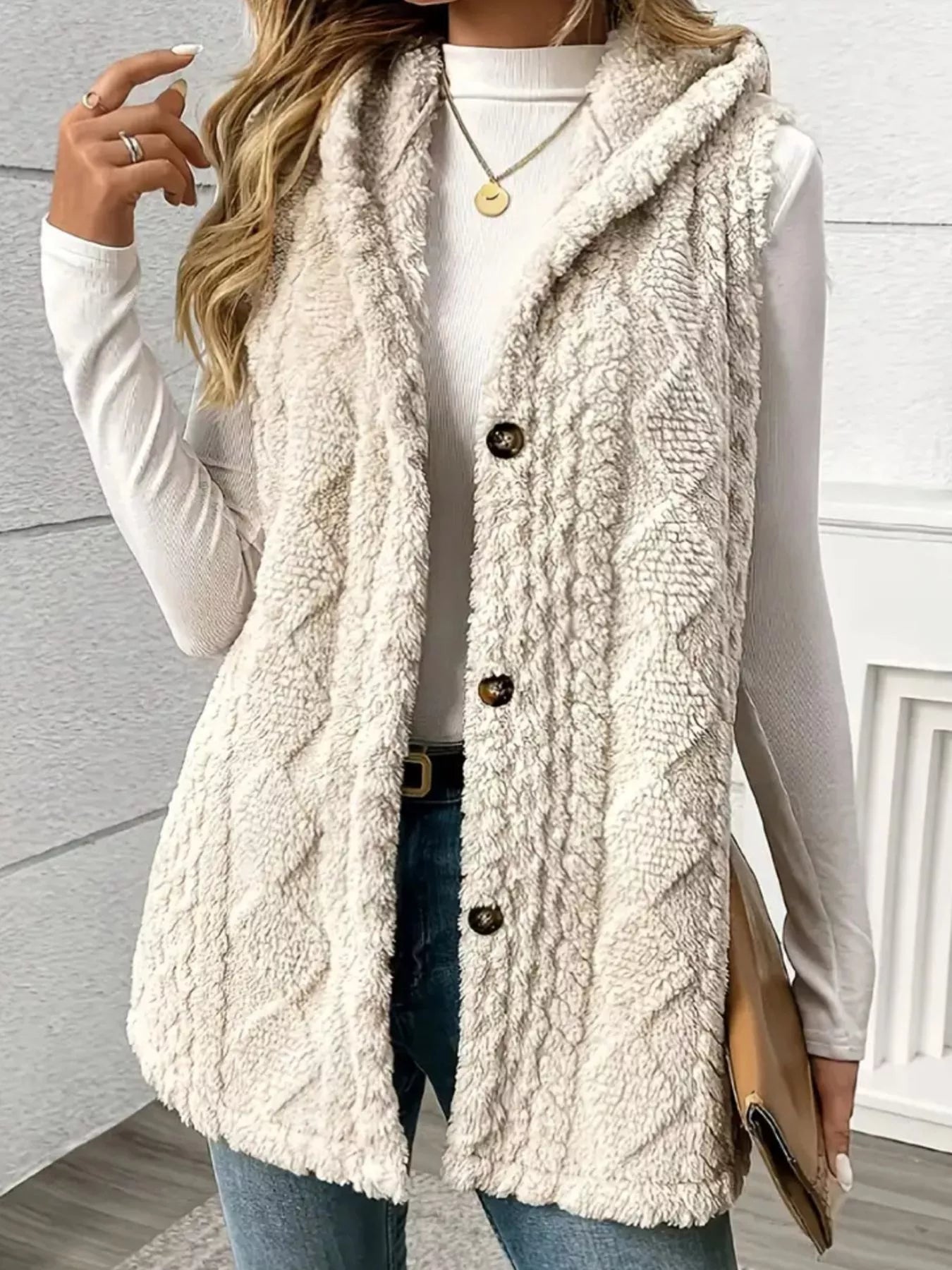 Button Up Plush Hooded Vest Coat OutfitFlow