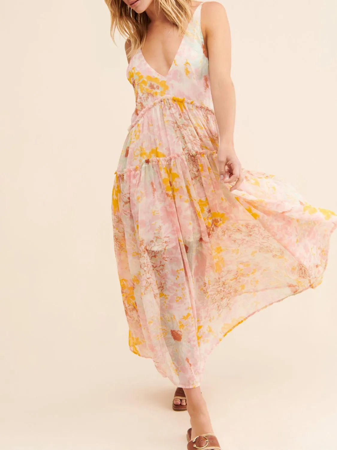 Printed V-Neck Sleeveless Dress Blush Pink OutfitFlow