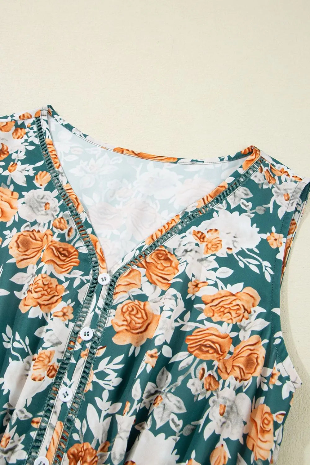 Floral Print Trimmed V Neck Tie Waist Sleeveless Dress OutfitFlow