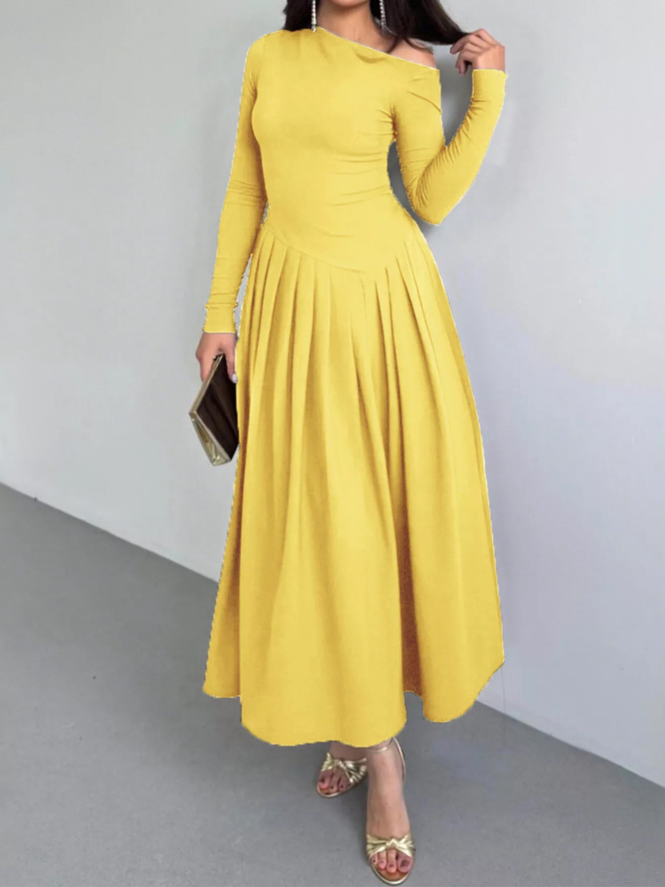 Ruched One Shoulder Long Sleeve Dress OutfitFlow