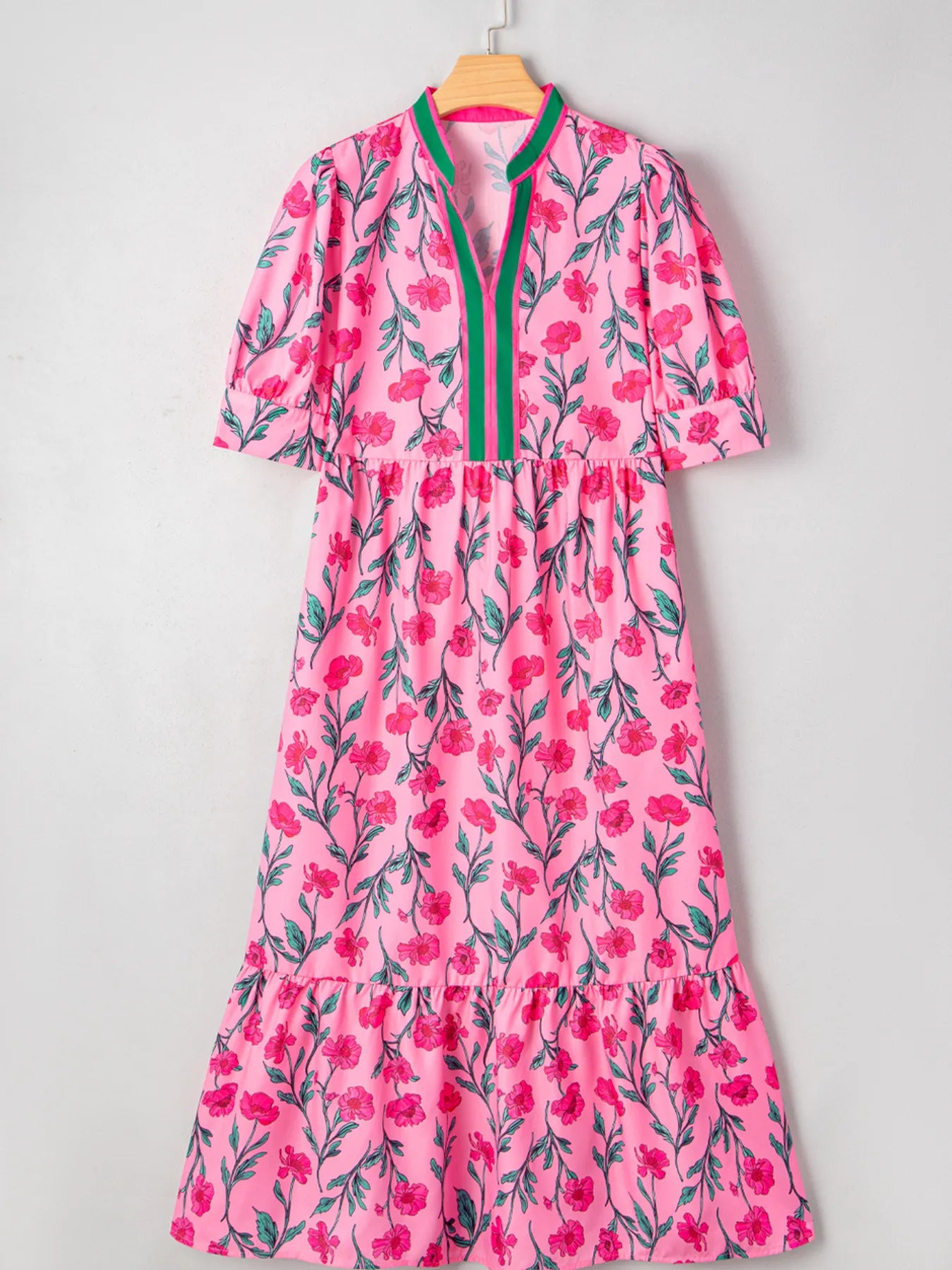 Floral Contrast Neckline A-line Puff Sleeve Dress OutfitFlow