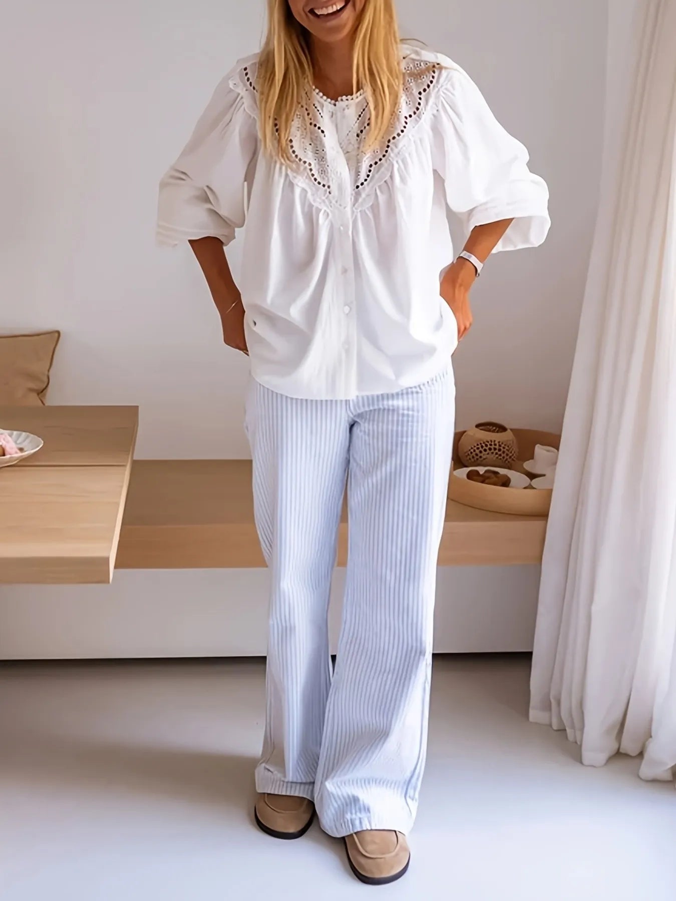 Eyelet Lace Detail Long Sleeve Blouse OutfitFlow