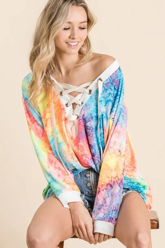 BiBi Tie Dye Deep V-neck Top With Lace Up Front Trendsi