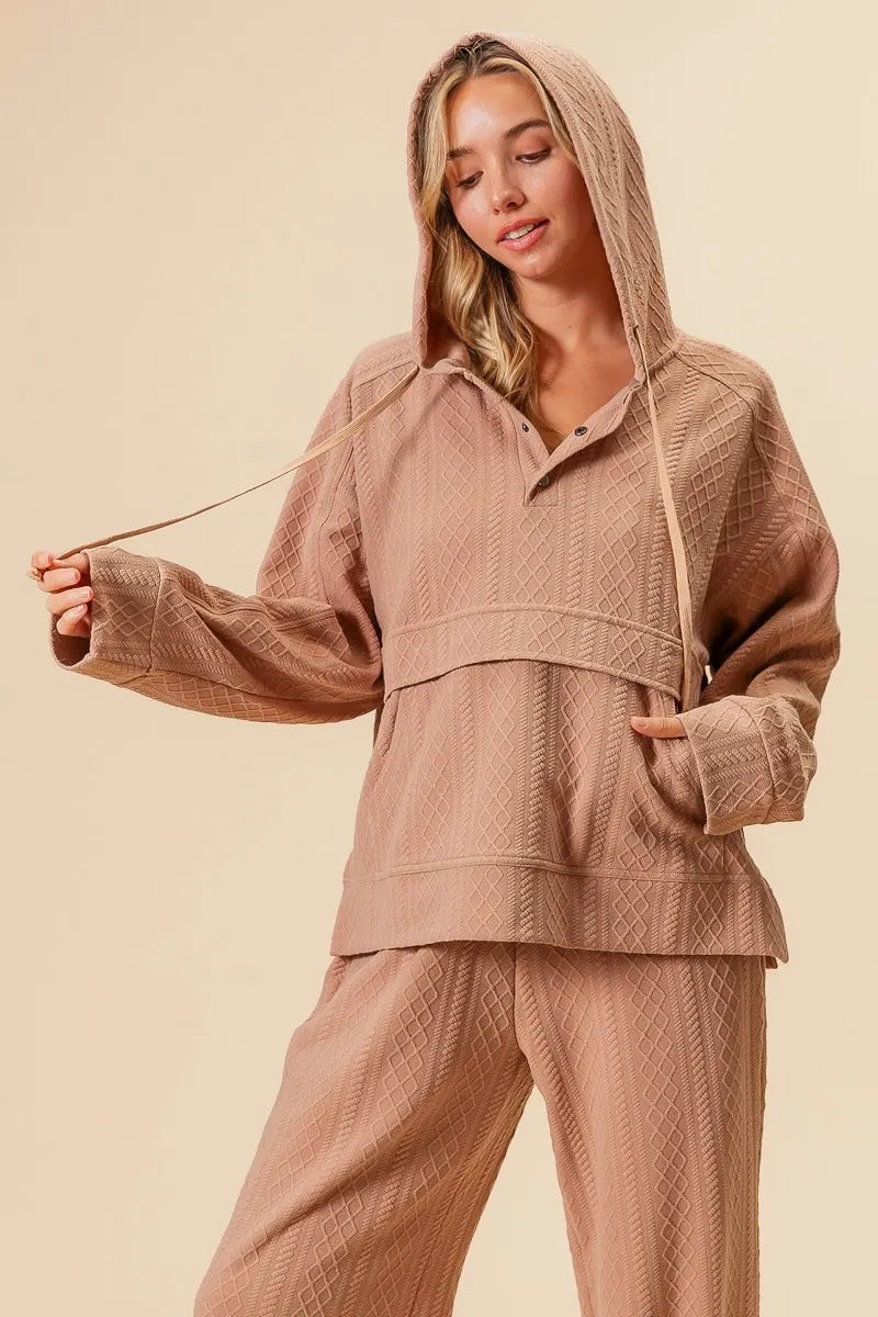 BiBi Textured Knit Buttoned Hoodie Top TAUPE OutfitFlow