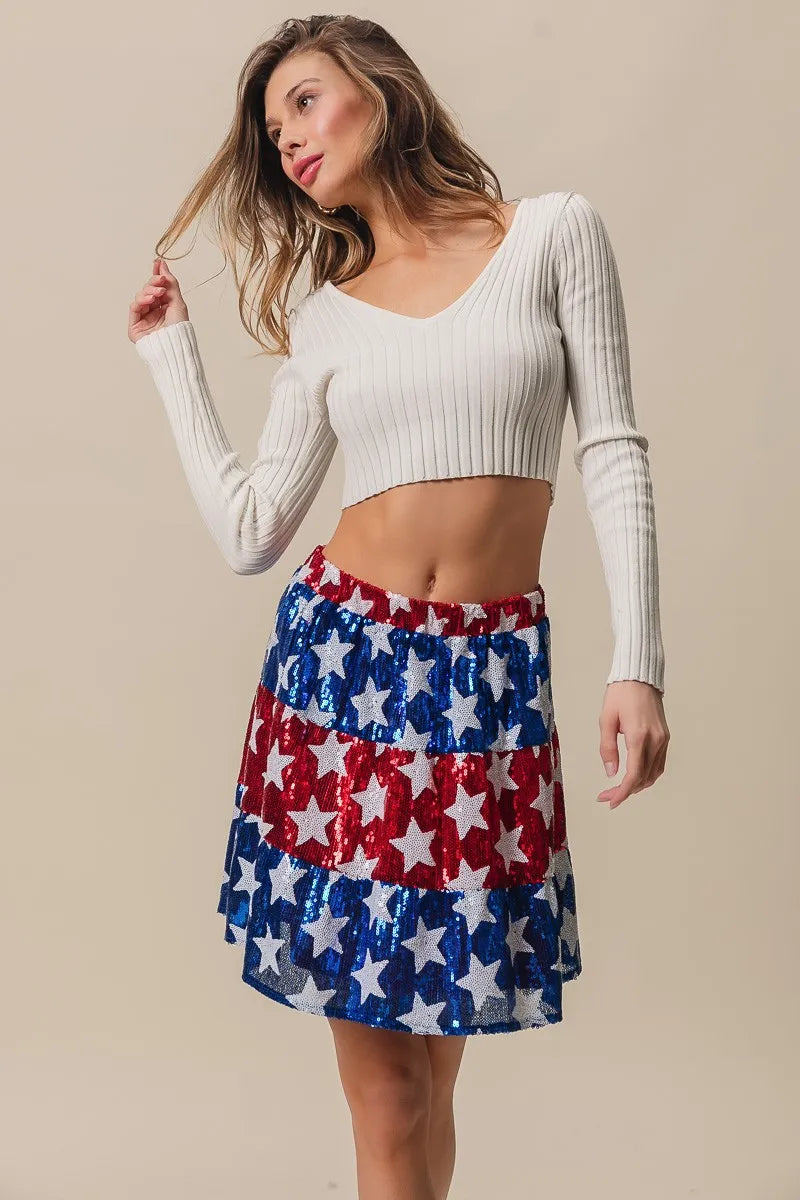 BiBi American Flag Theme Star Sequin Tiered Skirt OutfitFlow