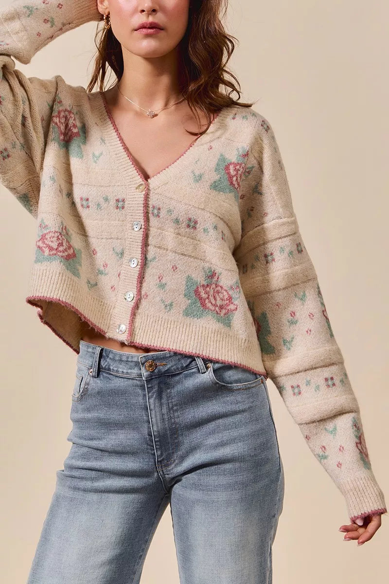 SO ME Floral Pattern Long Sleeve Button Sweater Cardigan OutfitFlow