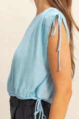 HYFVE Bubble Hem Side Tie Detail Round Neck Sleeveless Blouse OutfitFlow