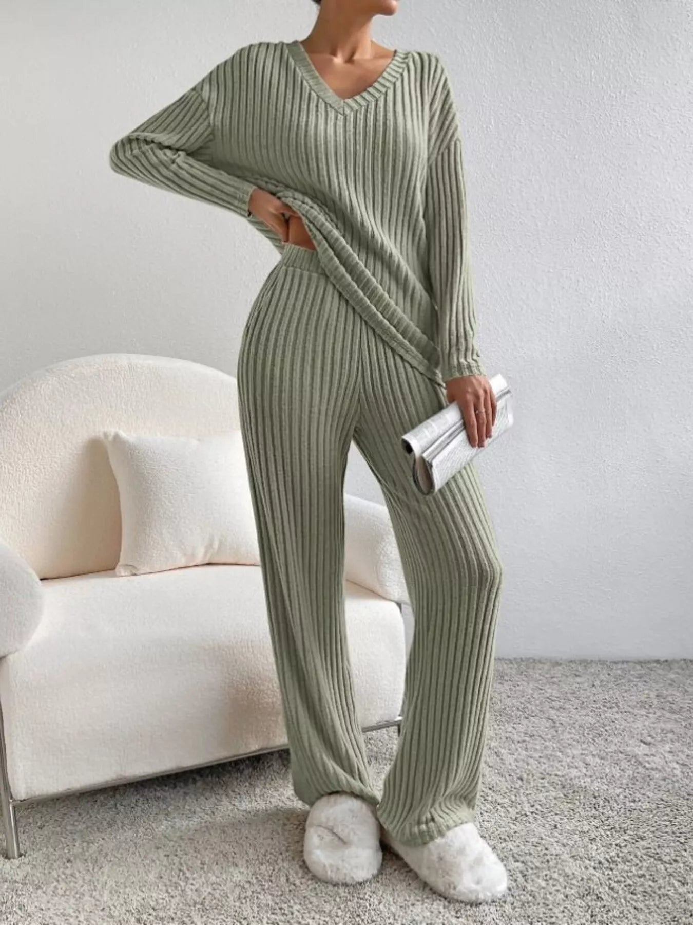 Ribbed Knit V-Neck Top and Pants Set Sage OutfitFlow